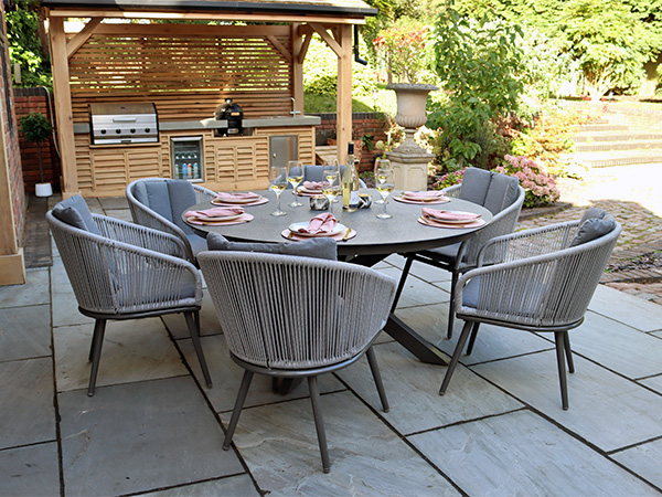 Aspen 6 seater patio set with rope chairs & 150cm round table with matching cushions in grey