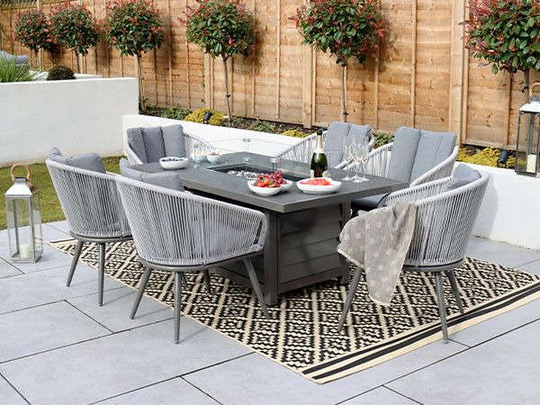 Aspen 6 seater patio set with rope chairs & 150cm x 90 com table with fire pit and matching cushions in grey