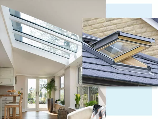 A white conservatory kitchen extension with fixed glass roof panels, two windows and French doors. Inset a tiled roof with Velux opening light.