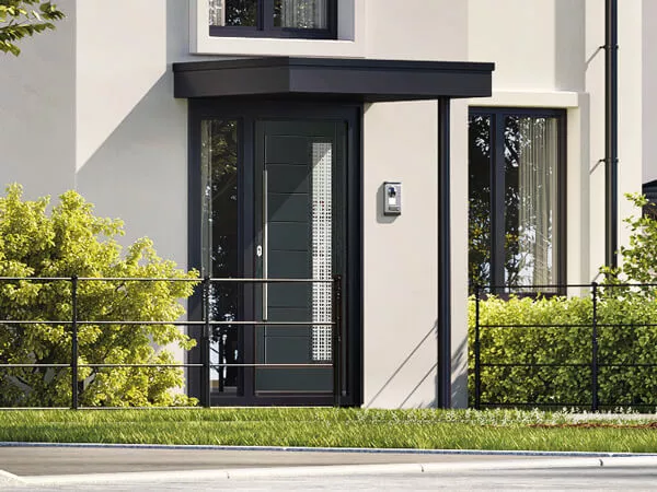 Forte Composite Front Door In Dark Grey Set-In Matching Frame With A Single Side Panel. Long Chrome Handle And Glass.