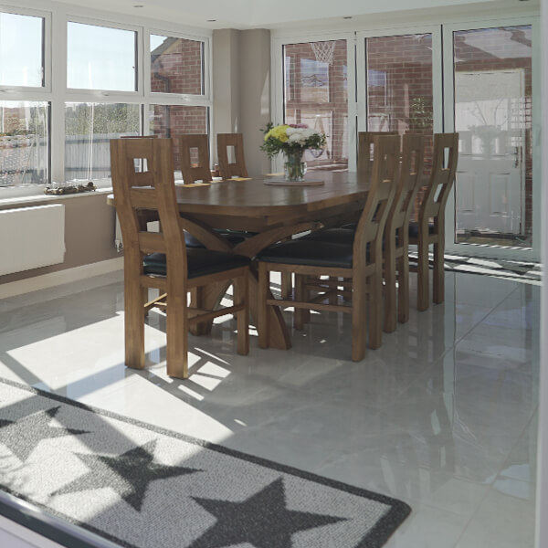 8 Wooden Chairs And Large Table Set With White Bi Folds To The Right And White Windows In Front.dows