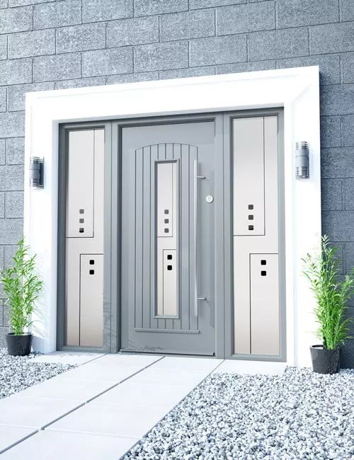 Grey front door full length bar escutcheon plate and matching decretive side panels