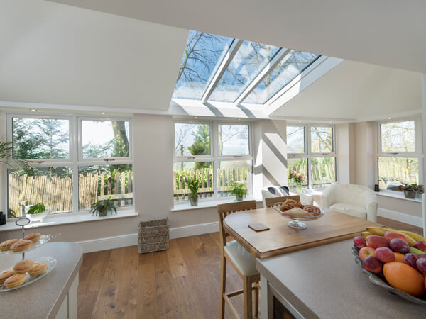 Replacement conservatory roofs this example has glass or lightweight tiles. Interior view.