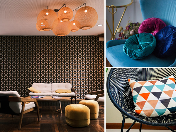Three images of Retro interiors in bright strong colours and patterns.