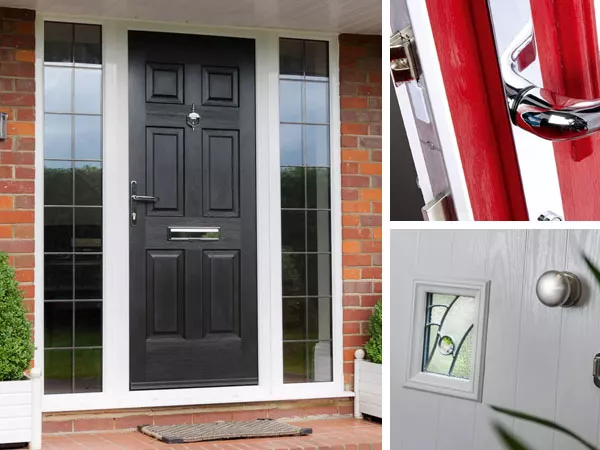 A solid black composite door, in a white frame, with glazed side panels and oblong lead, chrome letter box, knocker and lever handle.