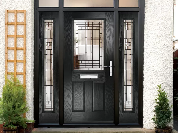 Forté Composite Door with side panels and leaded side lights matching centre door oblong glass