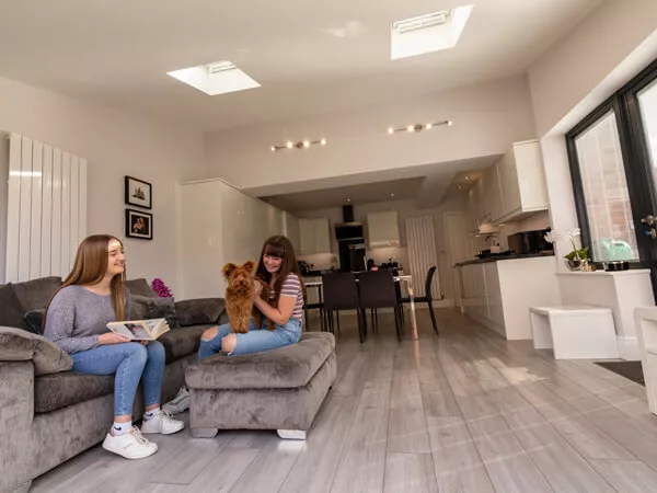 Home Extension with laminate floor and 2 flat ceiling lights