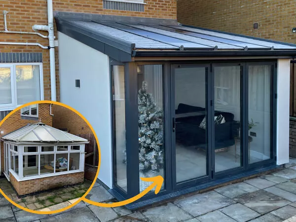 Conservatory Transformationm white conservatory turns grey and roof changes to half slate half glass