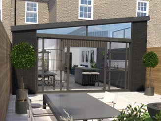 An artist’s impression of a lean too Ultraframe hup extension. A fast build, ultra insulated option to traditional extensions